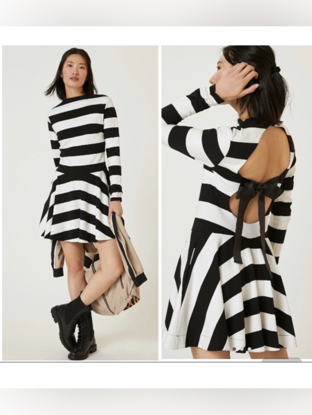 Anthropologie Maeve Knit Mock Neck Striped Open Back with Bow Mini Dress